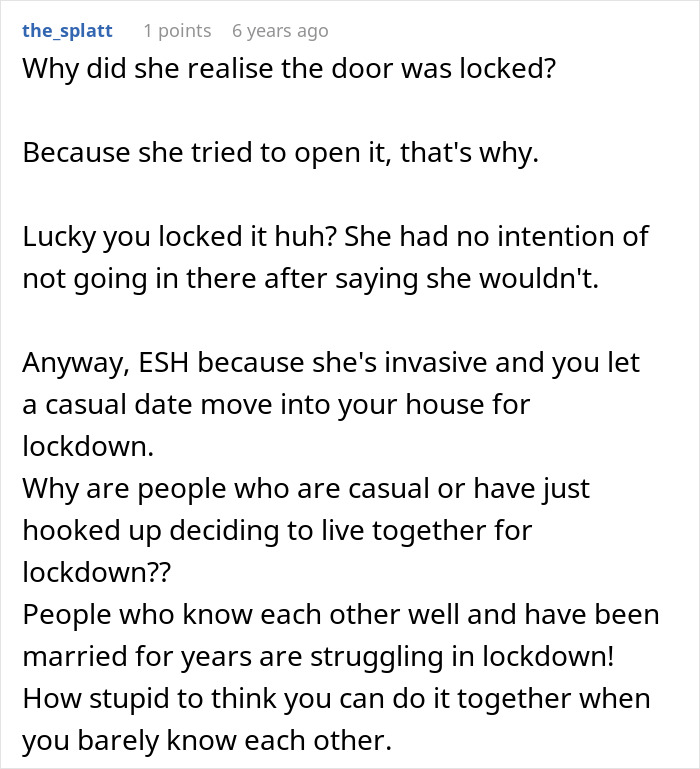 A screenshot of a Reddit comment discussing a woman's invasive behavior and lack of boundaries in a guy's house.
