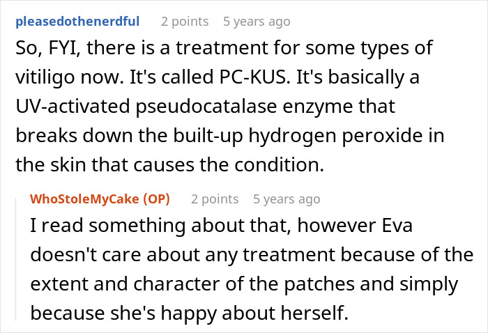 A comment about a vitiligo treatment (PC-KUS), with a reply that the person doesn't care for treatment and is happy.