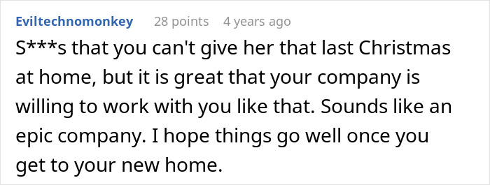 A Reddit comment regarding a woman adopting her sister's baby, expressing support for her company and new home. A Reddit comment regarding a woman adopting her sister's baby, expressing support for her company and new home.