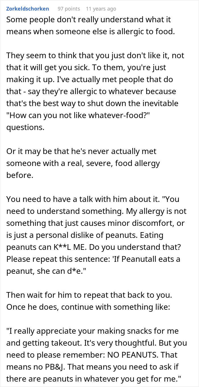 A woman's boyfriend keeps forgetting her allergy. This image shows a conversation about a boyfriend forgetting his girlfriend's allergy. A woman's boyfriend keeps forgetting her allergy. This image shows a conversation about a boyfriend forgetting his girlfriend's allergy.