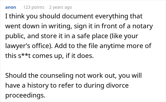 A comment suggesting documenting everything in writing for divorce proceedings, relating to MIL driving woman to leave her son. A comment suggesting documenting everything in writing for divorce proceedings, relating to MIL driving woman to leave her son.