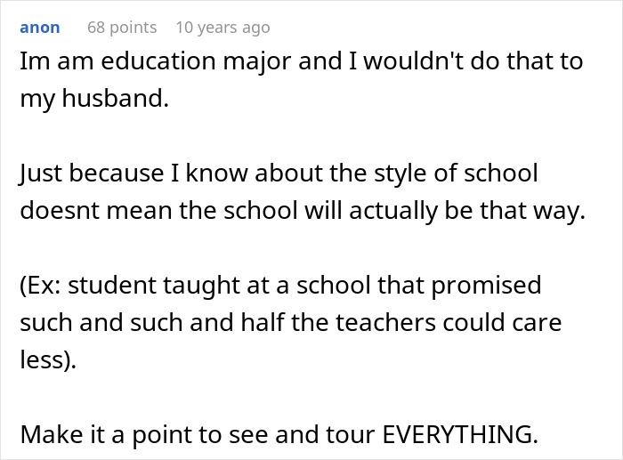 A Reddit comment from an education major about a mom's control over kid's education and wardrobe rights.