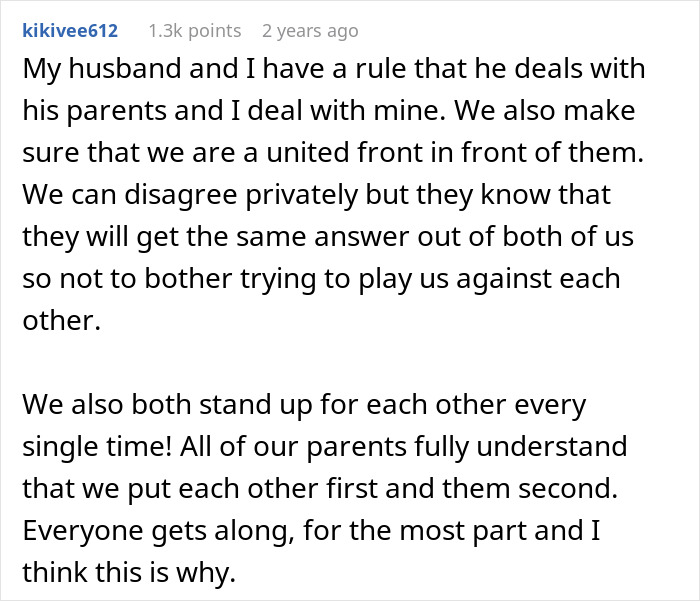 A Reddit comment describing a couple's rule to deal with their MIL and other parents, and their united front. A Reddit comment describing a couple's rule to deal with their MIL and other parents, and their united front.