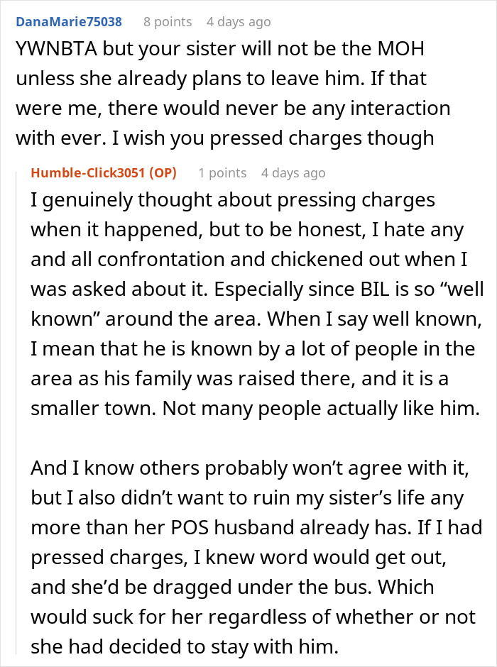 A Reddit comment section discussing a woman's reluctance to press charges against her toxic BIL for her wedding. A Reddit comment section discussing a woman's reluctance to press charges against her toxic BIL for her wedding.