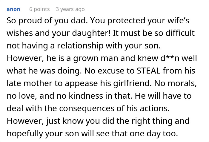 A comment supports the dad after his son steals a family heirloom to propose, accusing his dad of ruining his life. A comment supports the dad after his son steals a family heirloom to propose, accusing his dad of ruining his life.