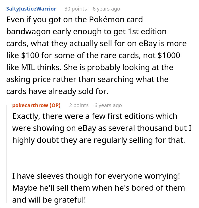 Discussion about rare Pokémon cards value, a gift for stepson, countering grandma's claims of buying love.