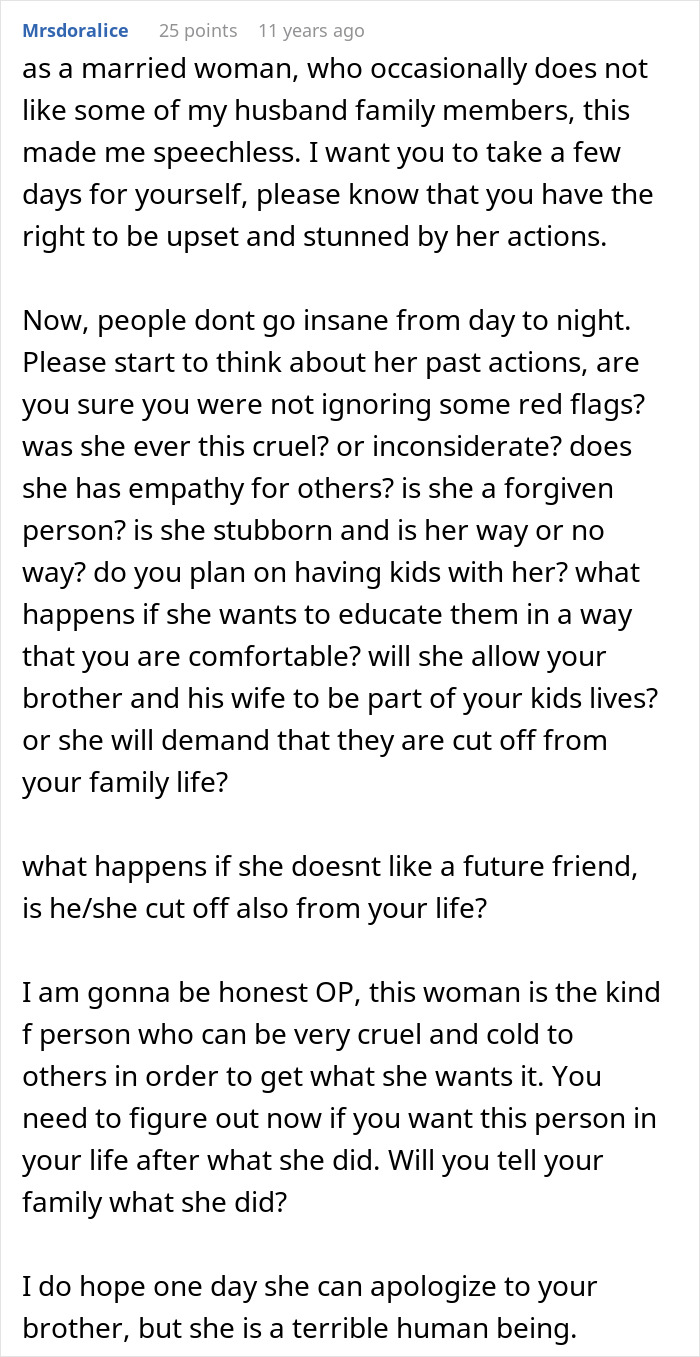 A screenshot showing a Reddit comment reflecting on a wife's jealousy and the resulting deportation, urging self-reflection.