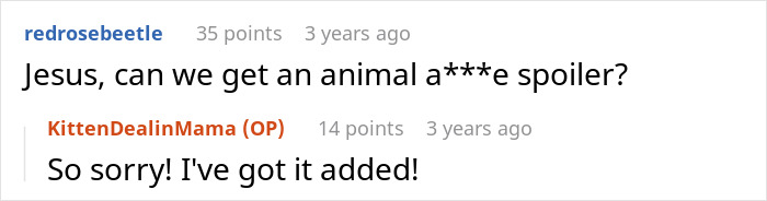 Screenshot of a Reddit comment requesting an animal spoiler, related to a woman happy her toxic sis is infertile. Screenshot of a Reddit comment requesting an animal spoiler, related to a woman happy her toxic sis is infertile.