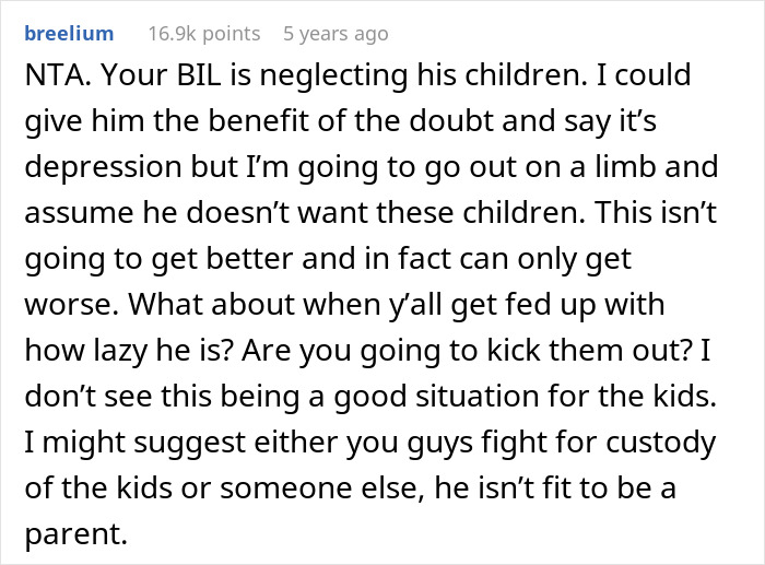 A screenshot of a reddit comment about a grieving guy neglecting his children and how his WFH sister-in-law should respond. A screenshot of a reddit comment about a grieving guy neglecting his children and how his WFH sister-in-law should respond.