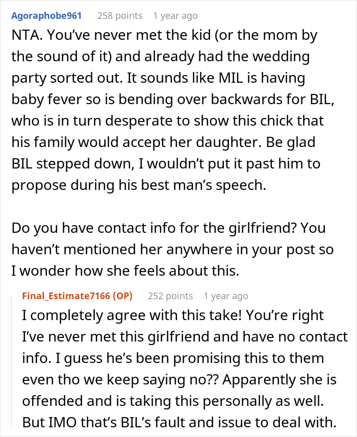 Reddit comment on wedding dispute, highlighting that the family conflict stems from the in-laws' unreasonable request. Reddit comment on wedding dispute, highlighting that the family conflict stems from the in-laws' unreasonable request.