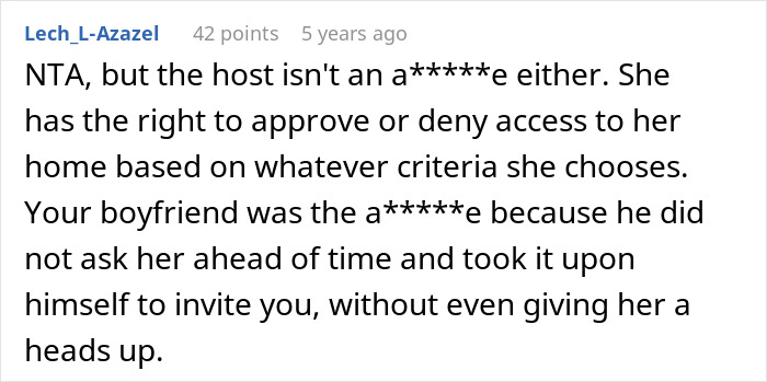 A comment explaining the host's right to deny access and the boyfriend's fault for not asking.