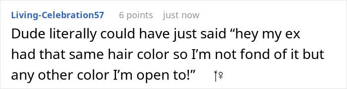 A Reddit comment suggesting how a guy could have politely expressed dislike for a specific hair color without banning it.