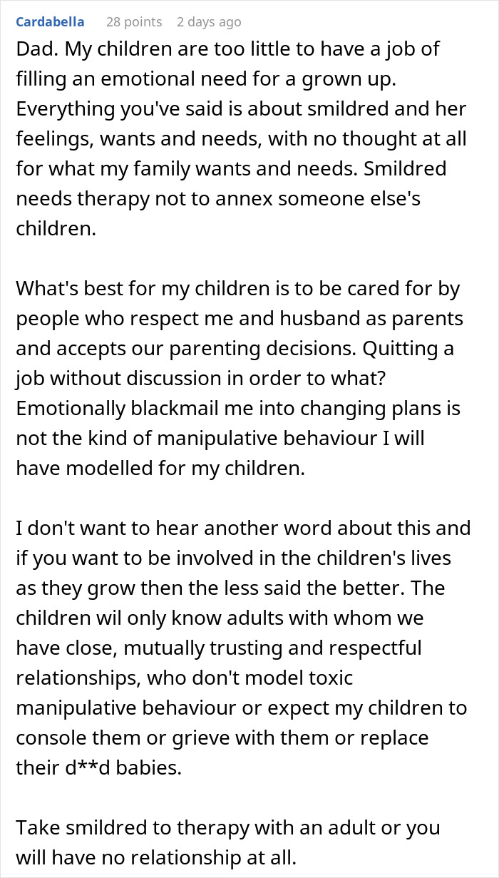 A lengthy Reddit comment discussing a woman's desire for motherhood through grandkids, with the daughter expressing her boundaries and concerns about emotional manipulation. A lengthy Reddit comment discussing a woman's desire for motherhood through grandkids, with the daughter expressing her boundaries and concerns about emotional manipulation.