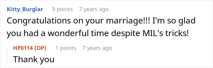 A social media comment congratulating the bride on her marriage and wonderful wedding despite MIL's actions. A social media comment congratulating the bride on her marriage and wonderful wedding despite MIL's actions.