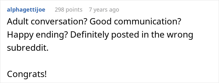 A comment sarcastically noting the adult conversation and happy ending regarding the GF, BF, and female friends.