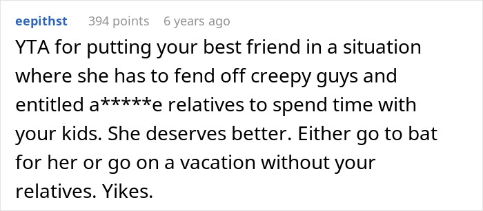 A comment on a post about a family vacation with a best friend, where in-laws throw a tantrum. A comment on a post about a family vacation with a best friend, where in-laws throw a tantrum.