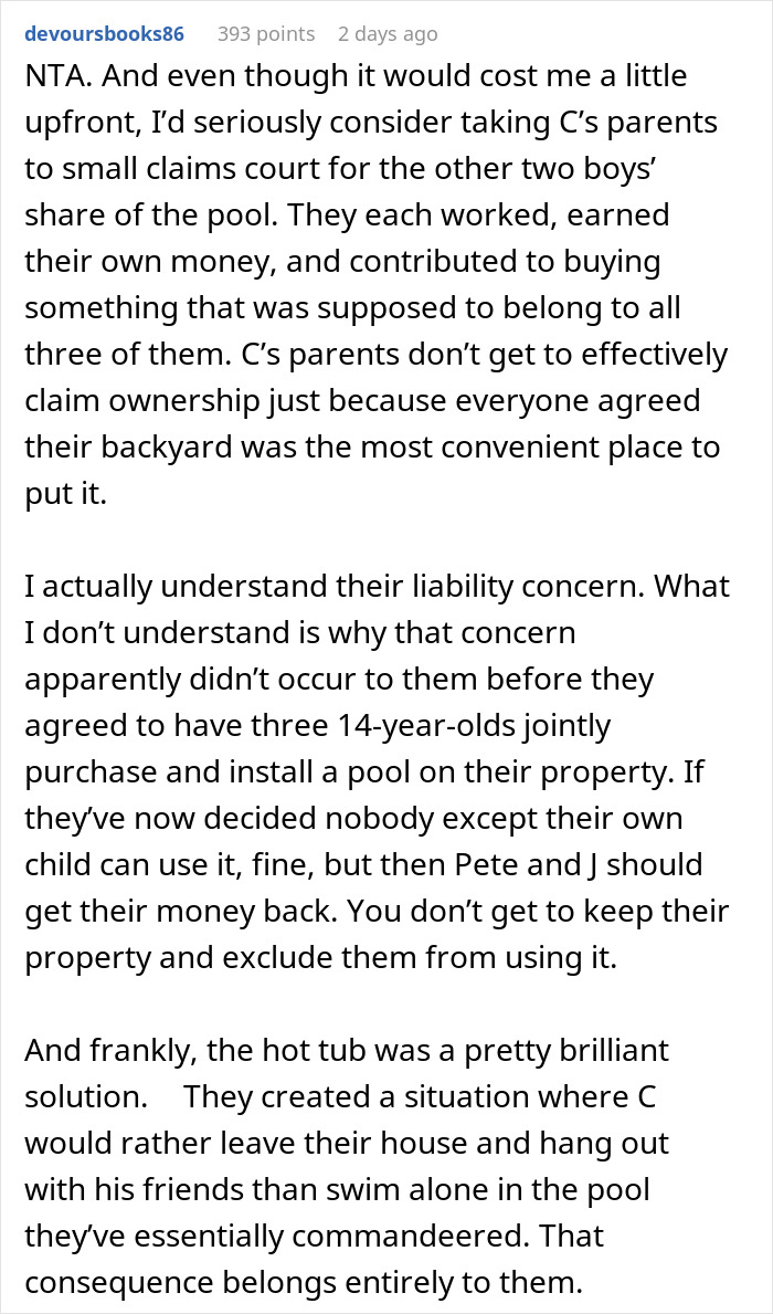A detailed Reddit comment about parents denying pool access and the brother buying a hot tub instead. A detailed Reddit comment about parents denying pool access and the brother buying a hot tub instead.