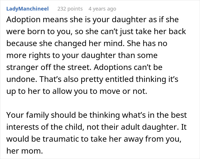 A screenshot of a Reddit comment explaining that adoption cannot be undone, emphasizing the legal bond between the woman and the adopted baby. A screenshot of a Reddit comment explaining that adoption cannot be undone, emphasizing the legal bond between the woman and the adopted baby.