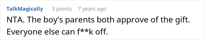 Reddit comment on grandma accusing person of buying stepson's love with gifts, showing true colors.