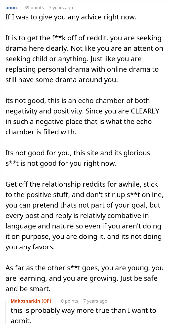 A Reddit comment advising someone to get off Reddit to avoid drama from an open relationship. A Reddit comment advising someone to get off Reddit to avoid drama from an open relationship.