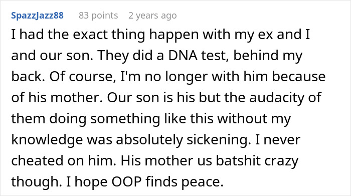 A user comment discussing an MIL driving woman to leave her son, recalling a DNA test situation with an ex. A user comment discussing an MIL driving woman to leave her son, recalling a DNA test situation with an ex.
