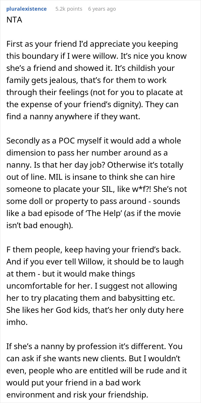 Long Reddit comment explaining why the woman's in-laws throwing a tantrum over her best friend is wrong. Long Reddit comment explaining why the woman's in-laws throwing a tantrum over her best friend is wrong.
