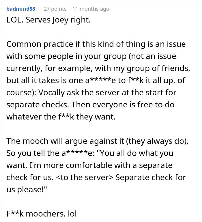 A screenshot of a Reddit comment about finding fun dinner buddies and neighbors paying bills. A screenshot of a Reddit comment about finding fun dinner buddies and neighbors paying bills.