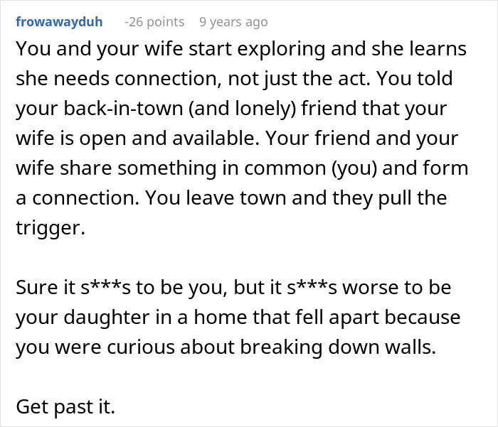 A screenshot of a Reddit comment discussing a poly wife and her husband's best friend. A screenshot of a Reddit comment discussing a poly wife and her husband's best friend.