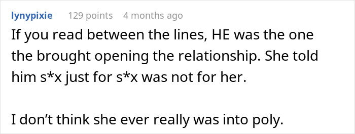 A comment about a poly wife and hubby's best friend relationship, suggesting the husband initiated the open relationship. A comment about a poly wife and hubby's best friend relationship, suggesting the husband initiated the open relationship.