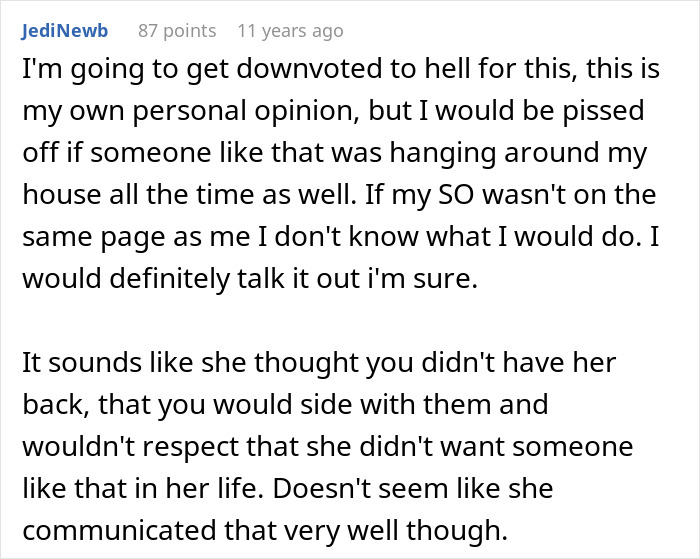 A comment about a wife's jealousy and a secret police call ending in deportation, expressing an opinion on the situation.