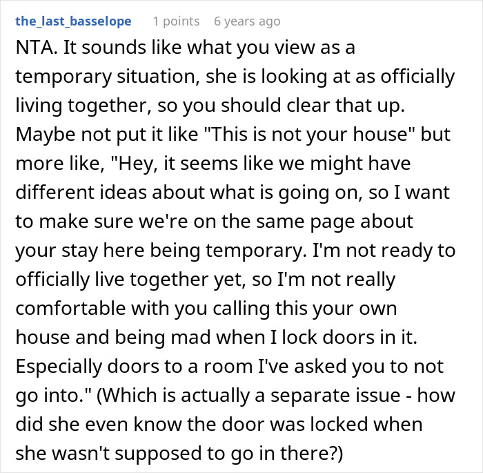 A screenshot of a Reddit comment discussing a woman moving into a guys house and deciding his boundaries no longer apply.
