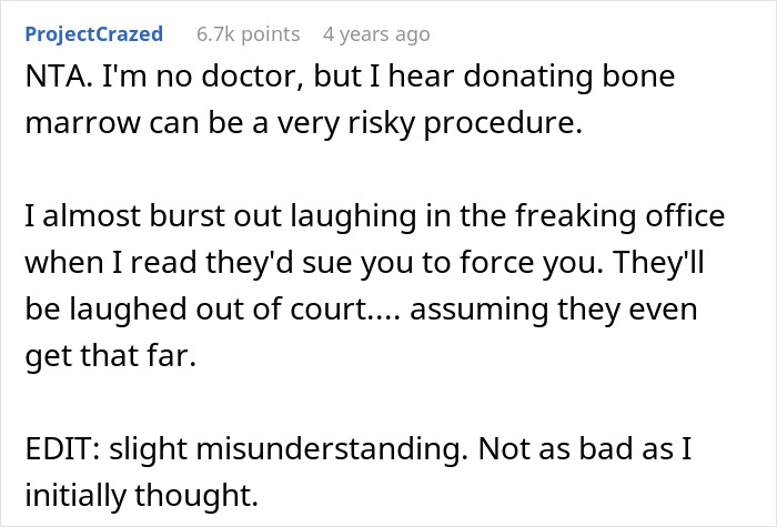 A comment about the adopted teen's situation, mentioning risky bone marrow donation and the birth parents' wild demand. A comment about the adopted teen's situation, mentioning risky bone marrow donation and the birth parents' wild demand.