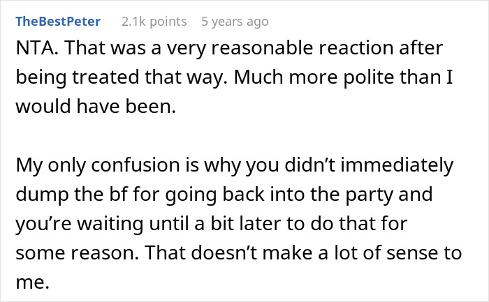 A screenshot of a Reddit comment criticizing the boyfriend's actions at the party.