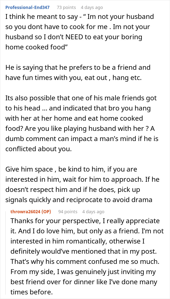 Reddit comment suggesting the bestie's real meaning: Im not your husband, after supporting a woman through divorce. Reddit comment suggesting the bestie's real meaning: Im not your husband, after supporting a woman through divorce.