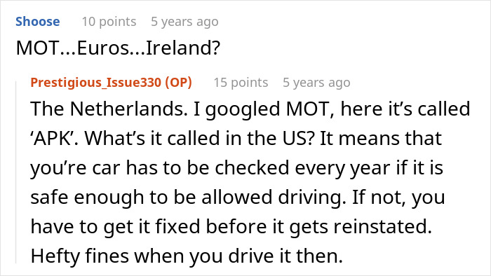 A Reddit comment discussing car inspections and fines related to a rude neighbor's actions. A Reddit comment discussing car inspections and fines related to a rude neighbor's actions.