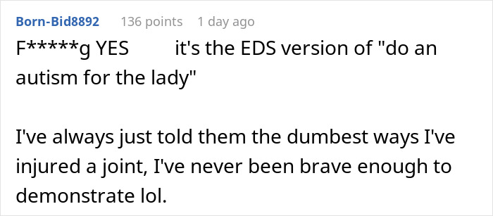 A comment shares how a woman with a disability considered demonstrating her joint popping to a nosy relative.
