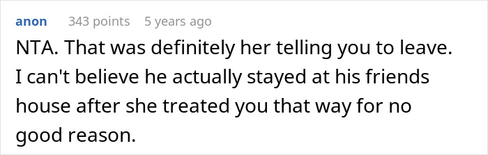 A screenshot of a Reddit comment about the host's reaction telling someone to leave the party.