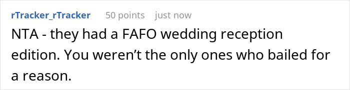 A screenshot of a Reddit comment saying the 4-venue wedding was a FAFO wedding reception, justifying guests leaving.