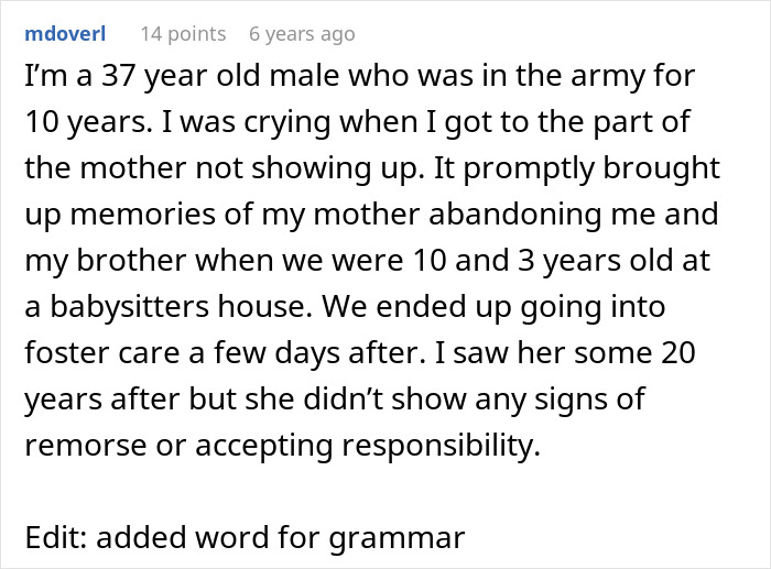 A Reddit comment from a man sharing his own experience of parental abandonment after an entitled parent was late.