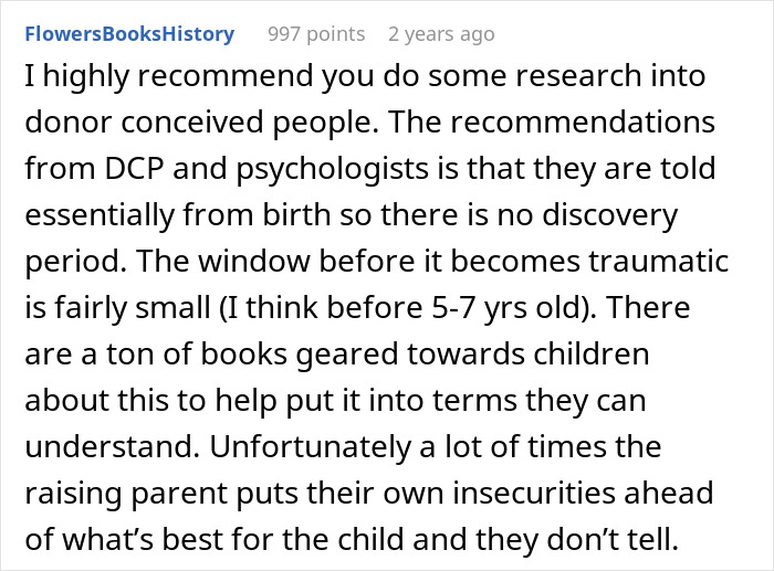 A Reddit comment advising research on donor-conceived people when a woman helps her sister have a baby. A Reddit comment advising research on donor-conceived people when a woman helps her sister have a baby.