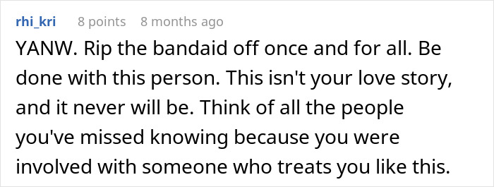 A Reddit comment advising to end a red flag relationship that is not a love story and move on. A Reddit comment advising to end a red flag relationship that is not a love story and move on.