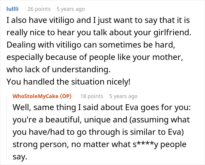 User shares their experience with vitiligo, praises the son for his support towards his girlfriend.