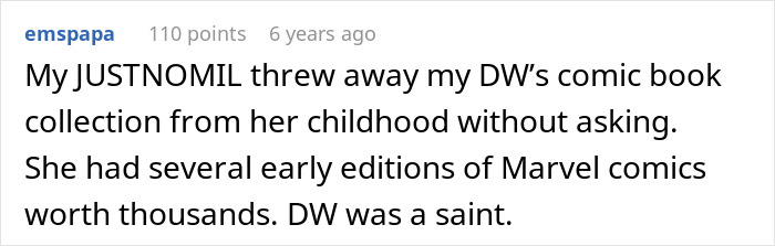 A comment about a grandma throwing away a stepson’s valuable comic book collection.