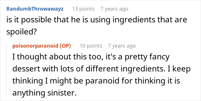 A woman suspects her dad is tampering with her dessert, sharing concerns about spoiled ingredients on a forum.
