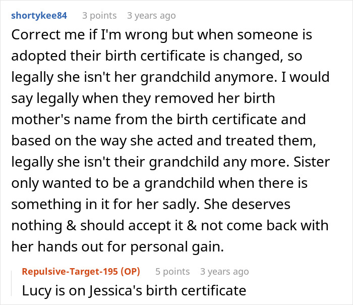 A Reddit comment section debating if a woman is still a grandchild after being adopted by her stepmom. A Reddit comment section debating if a woman is still a grandchild after being adopted by her stepmom.