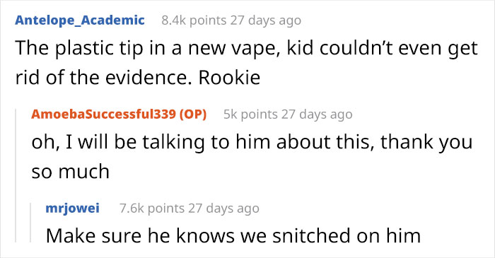A parent asks the internet about a weird object in son's room, realizing they need a serious talk about a new vape tip.