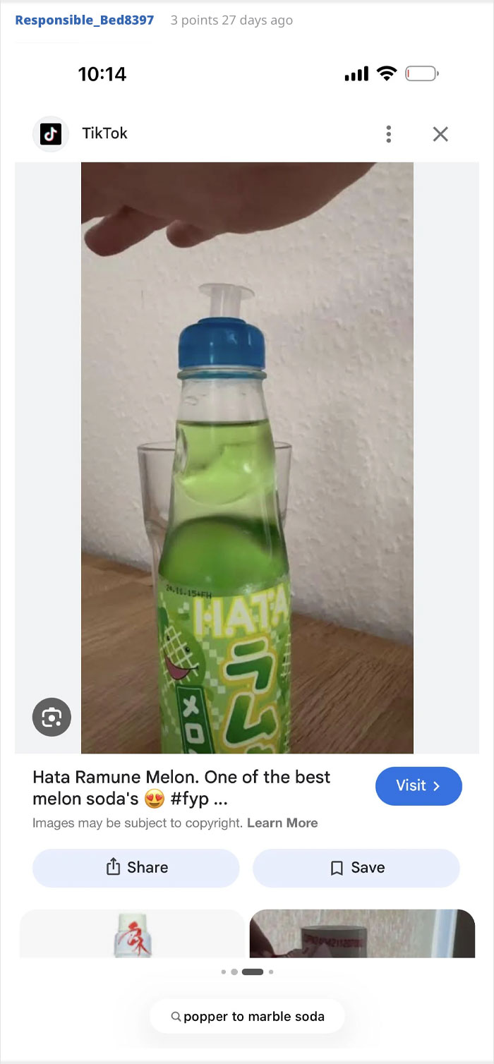 A TikTok screenshot showing a Hata Ramune Melon soda bottle, related to a weird object in son's room.