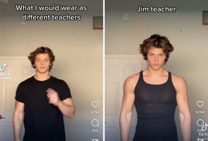A man showing outfits for different teachers, including a gym teacher in a tank top, highlighting dumb people.