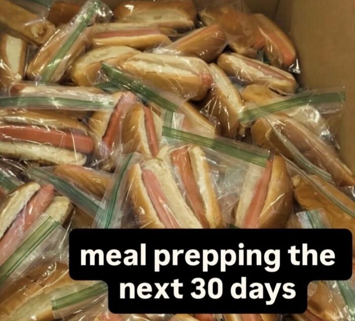 A box full of individually bagged hot dogs in buns, representing dumb people's meal prepping for 30 days.