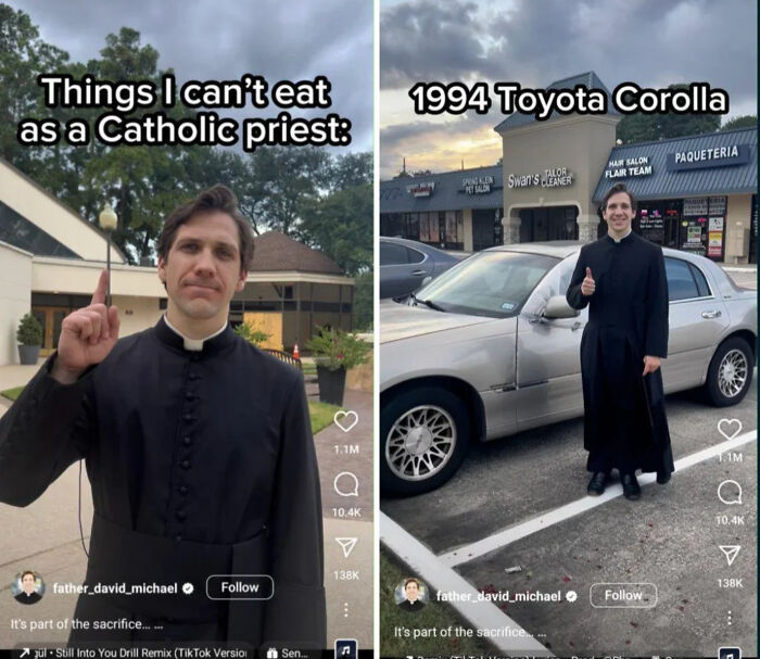 A split image of a priest discussing what he cant eat and posing with a 1994 Toyota Corolla, highlighting dumb people.